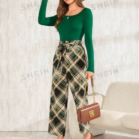 SHEIN Clasi Ladies' Long Sleeve T-shirt And Plaid Pants Set - Picture 2 of 4